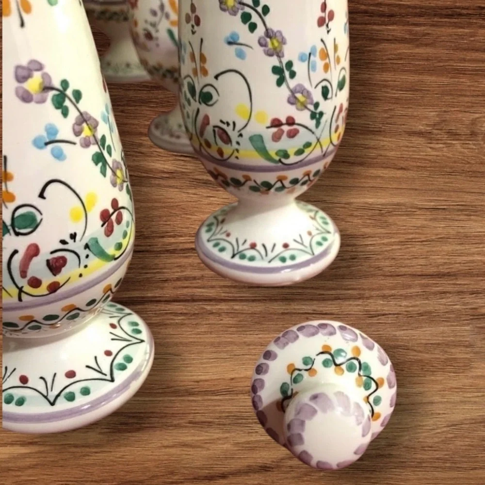 Vintage RARE CRUZ Spain Bohemian Floral Hand Painted Set Shot 6 Cups & Bottle